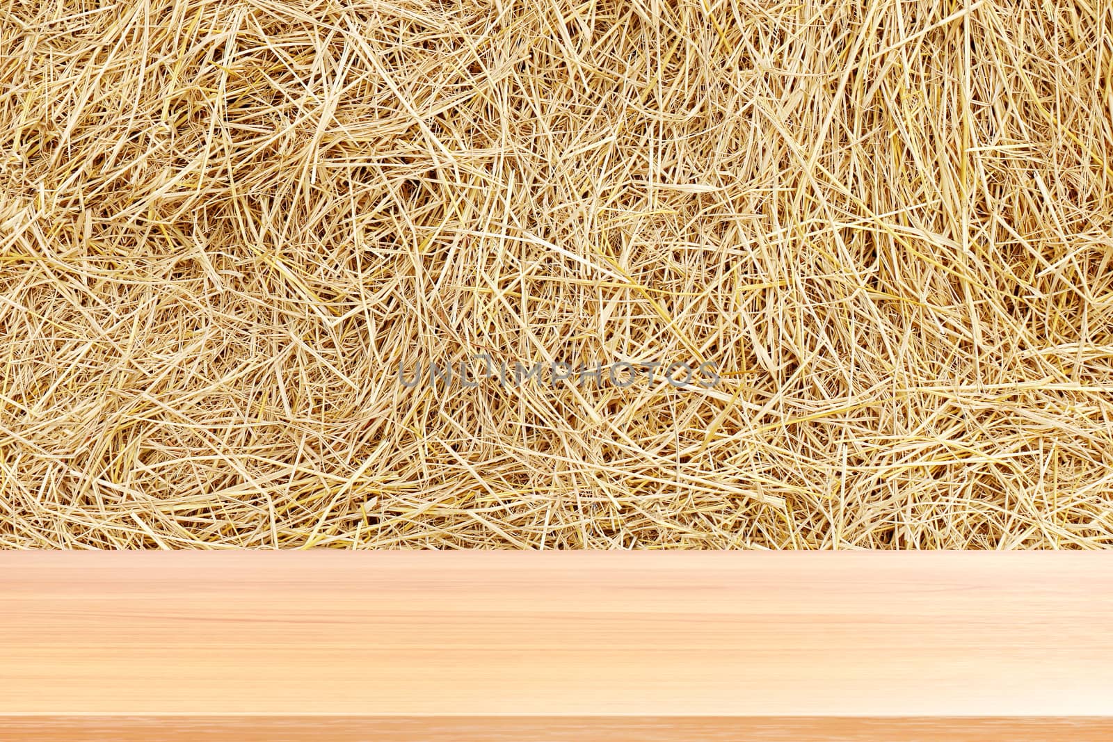 wood plank on straw, empty wood table floors on straw hay dry background, wood table board empty front straw wall backdrop, wooden plank blank over straw yellow brown color