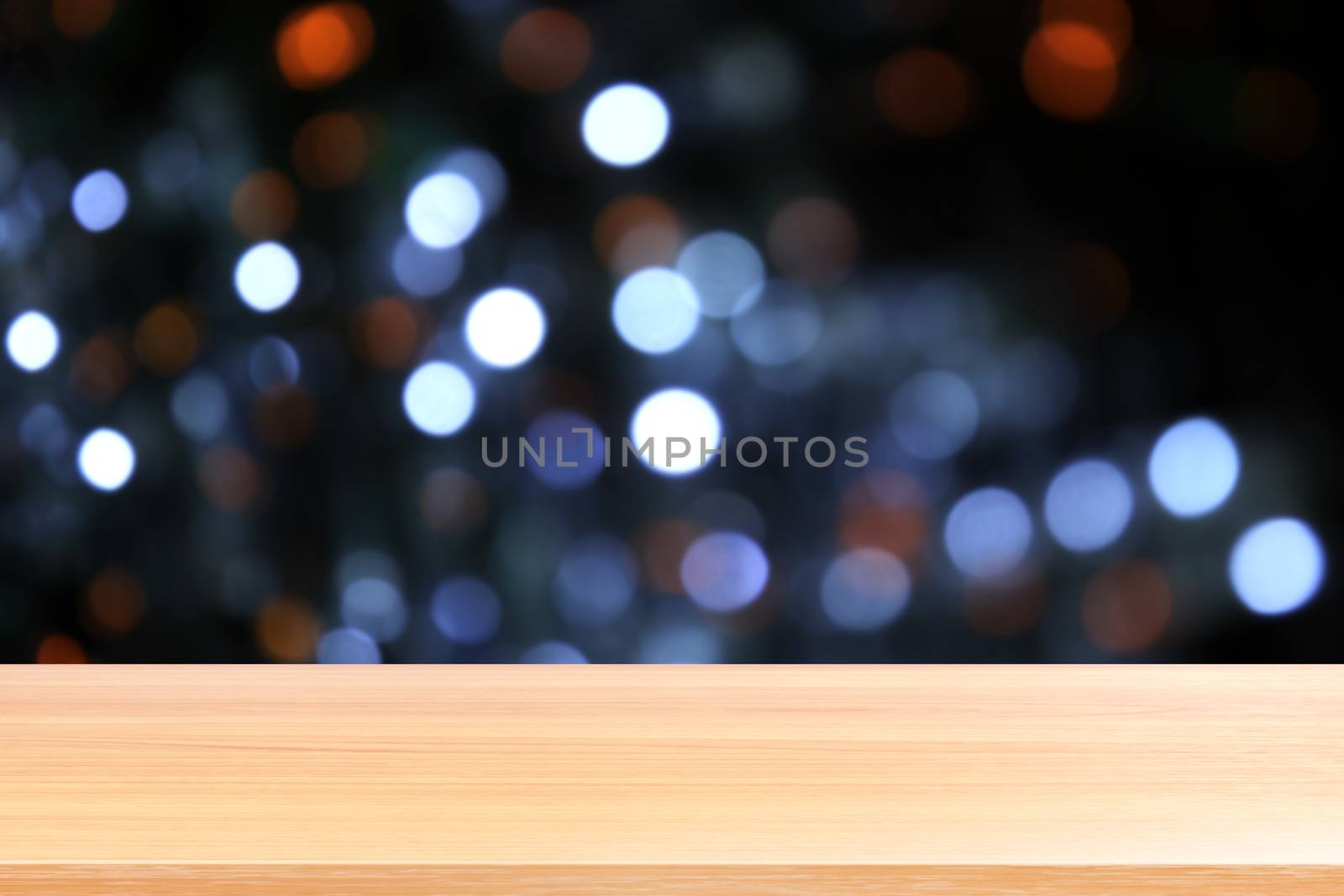 wood plank on colorful bokeh light abstract background, empty wood table floors on abstract bokeh night light multi color background, wood table board empty front colorful bokeh multi color beam light