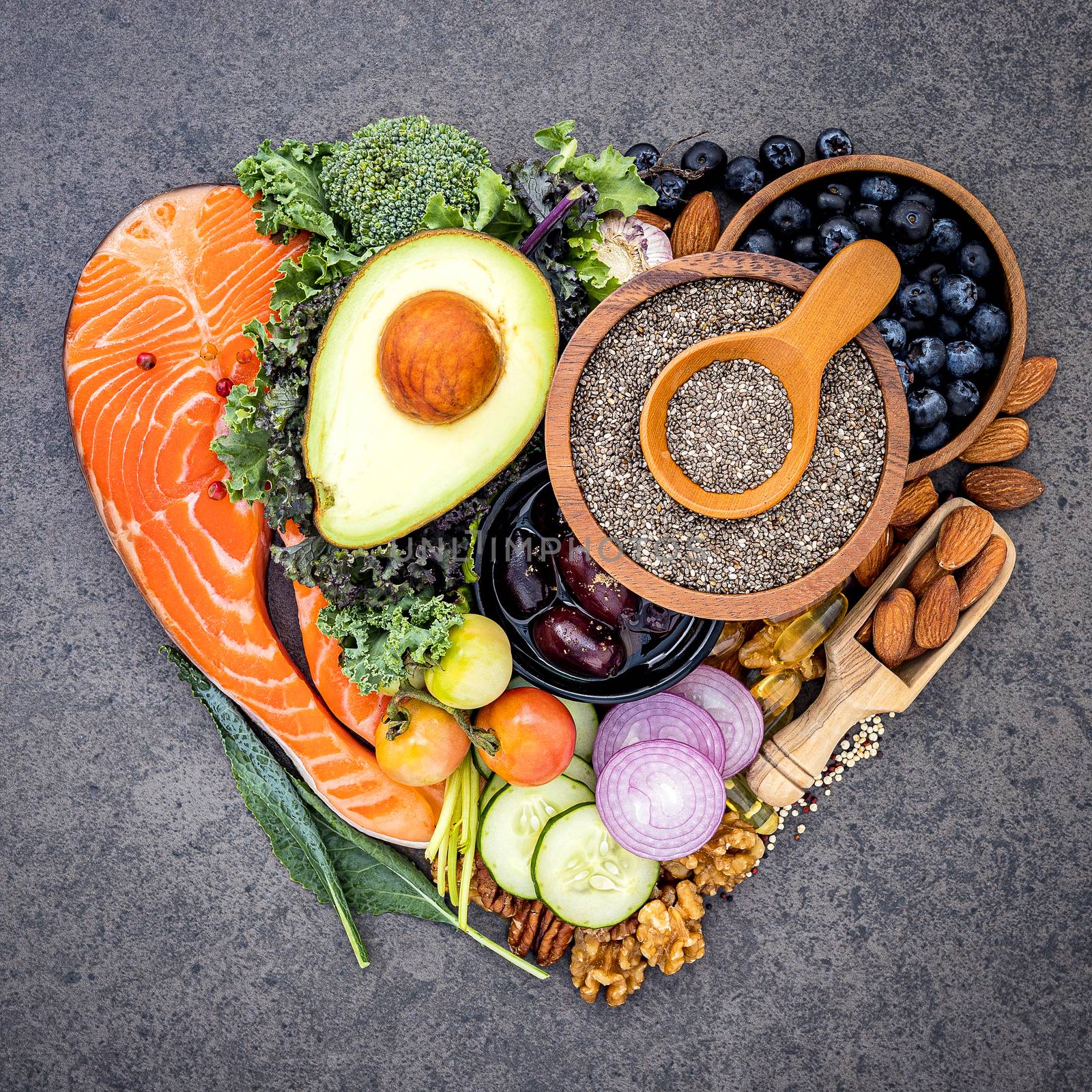 Heart shape of ketogenic low carbs diet concept. Ingredients for by kerdkanno