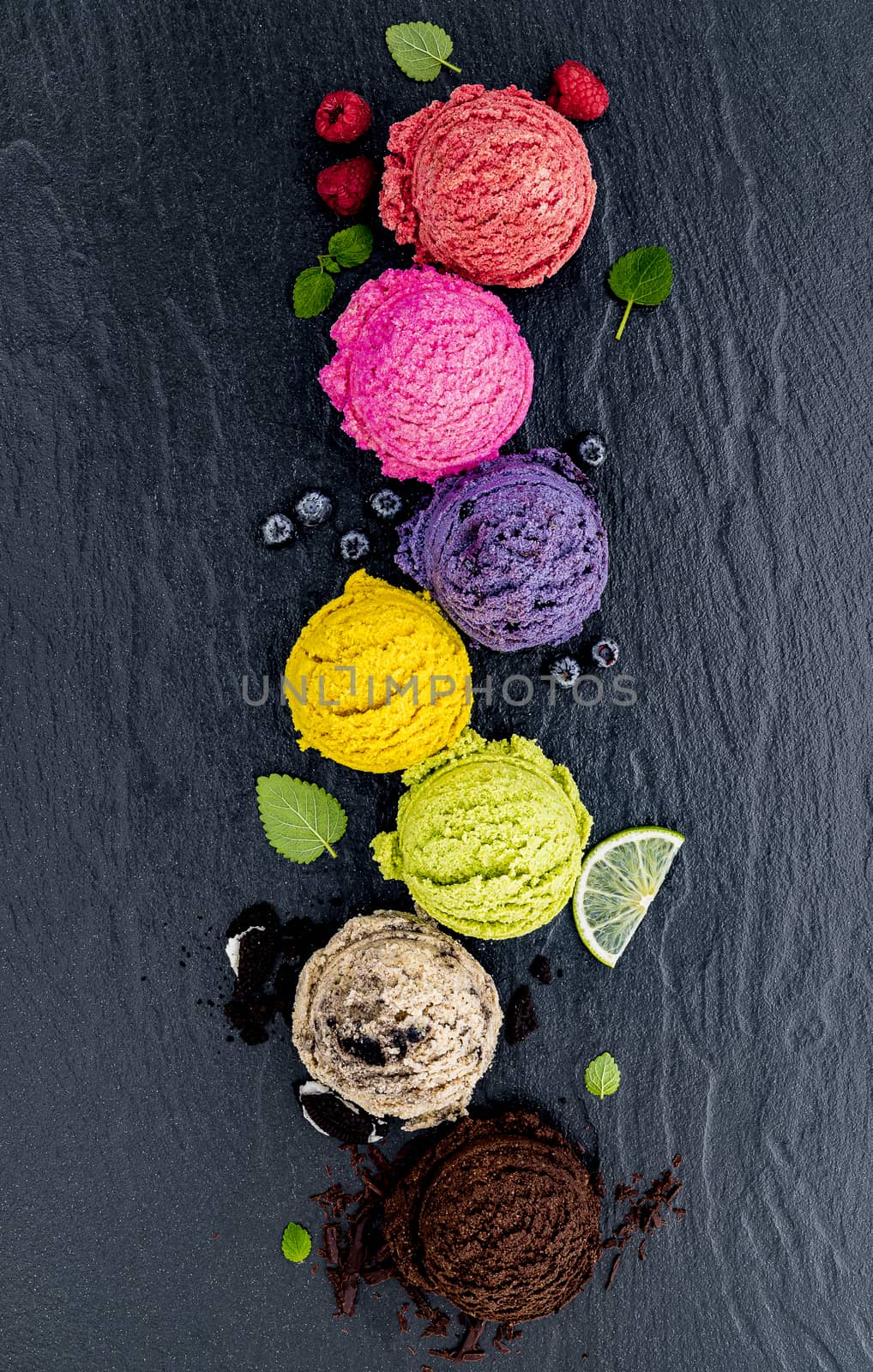 Various of ice cream flavor ball blueberry ,lime ,pistachio ,alm by kerdkanno