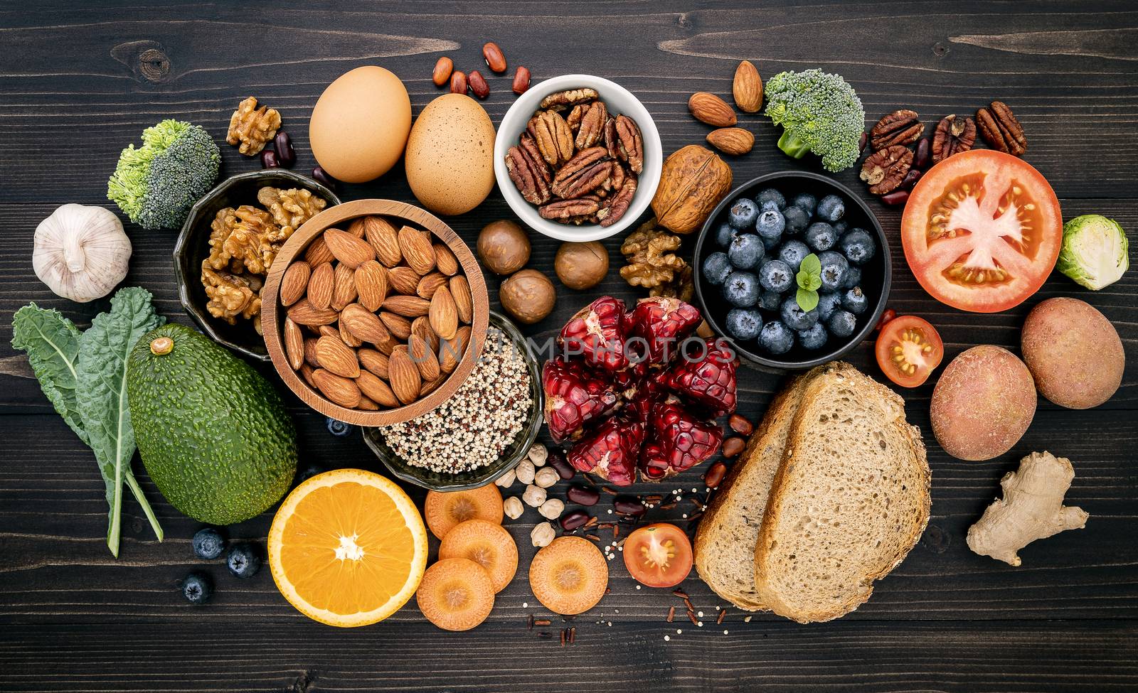 Ingredients for the healthy foods selection. The concept of healthy food set up on wooden background.