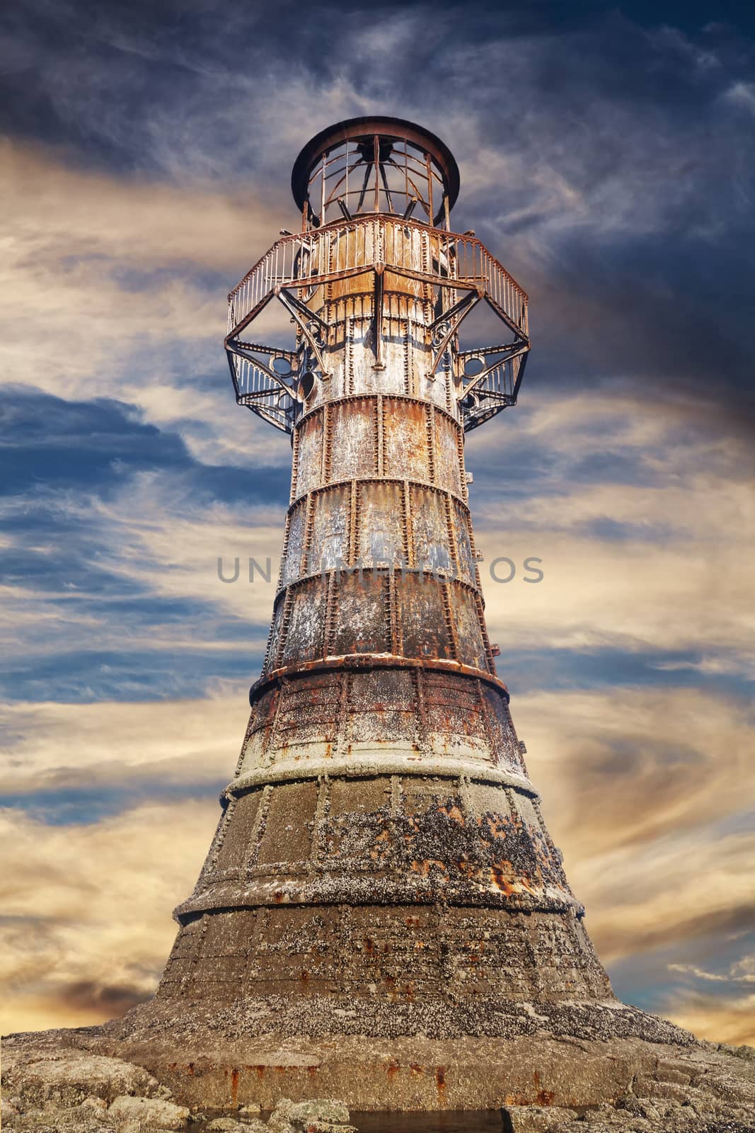 Whitford Lighthouse a cast iron Victorian ruin on the north coast of the Gower Peninsular Wales UK