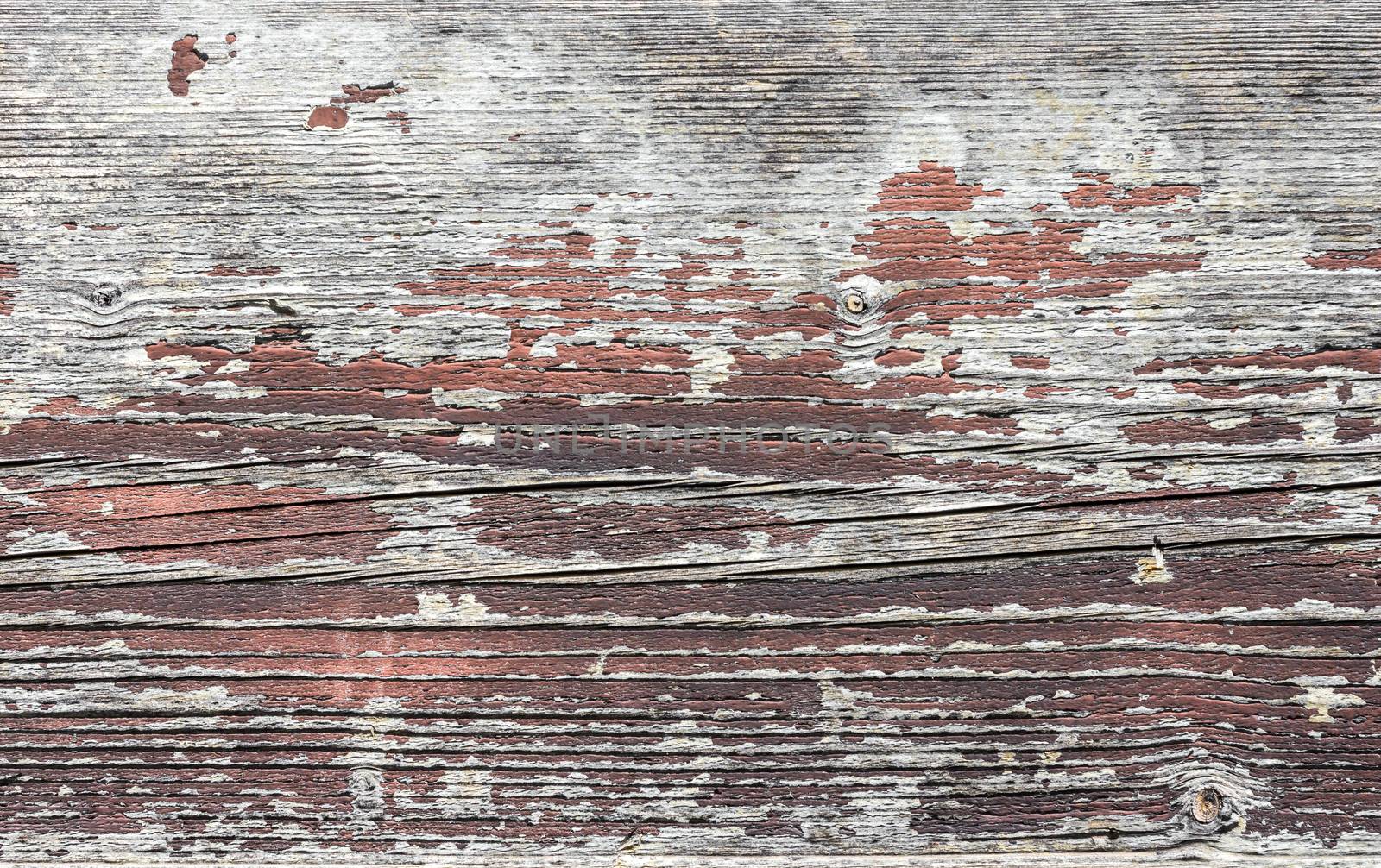 The old wooden planks of a barn with peeling paint