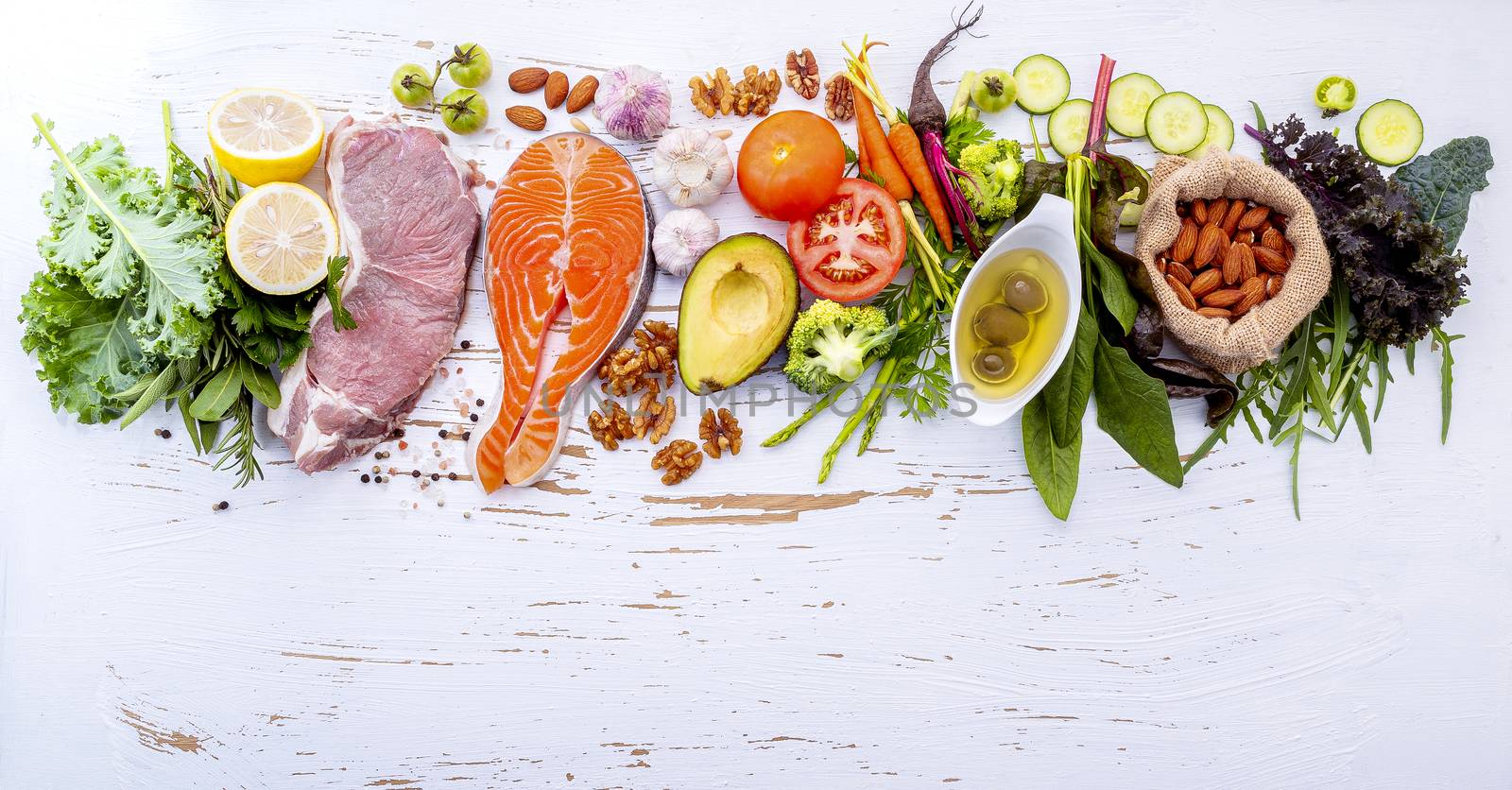 Ketogenic low carbs diet concept. Ingredients for healthy foods selection on white wooden background. Balanced healthy ingredients of unsaturated fats for the heart and blood vessels.