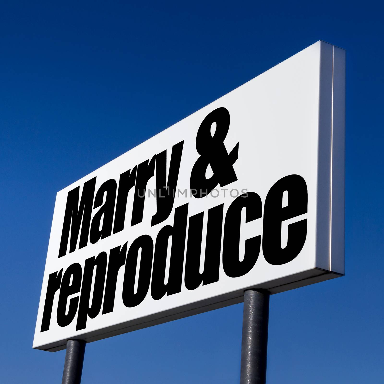 Horizontal billboard with the order to Marry and Reproduce, against unreal blue sky. Abstract concept of consumerism, human mind control, power of corporations and lobbies