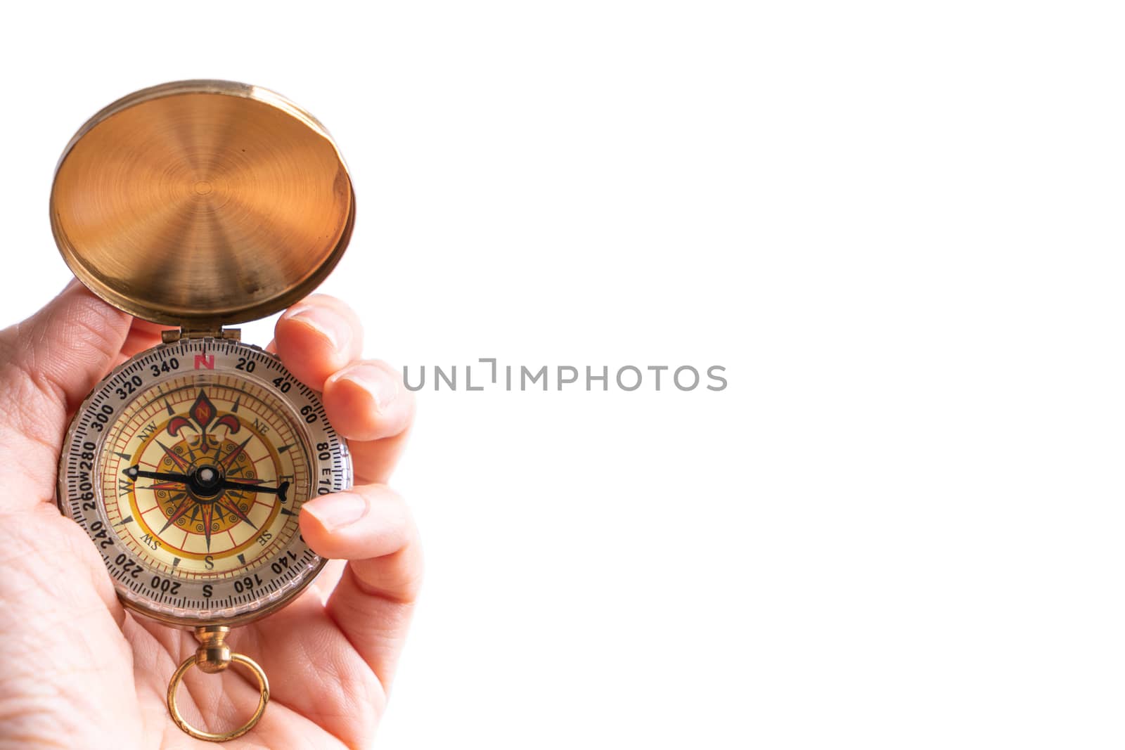 Hand holding vintage compass with copy space