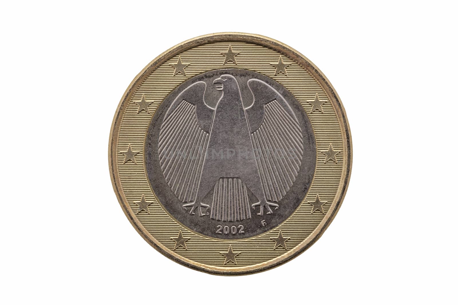 Reverse side of a One Euro coin of Germany dated 2002 which shows the German eagle cut out and isolated on a white background