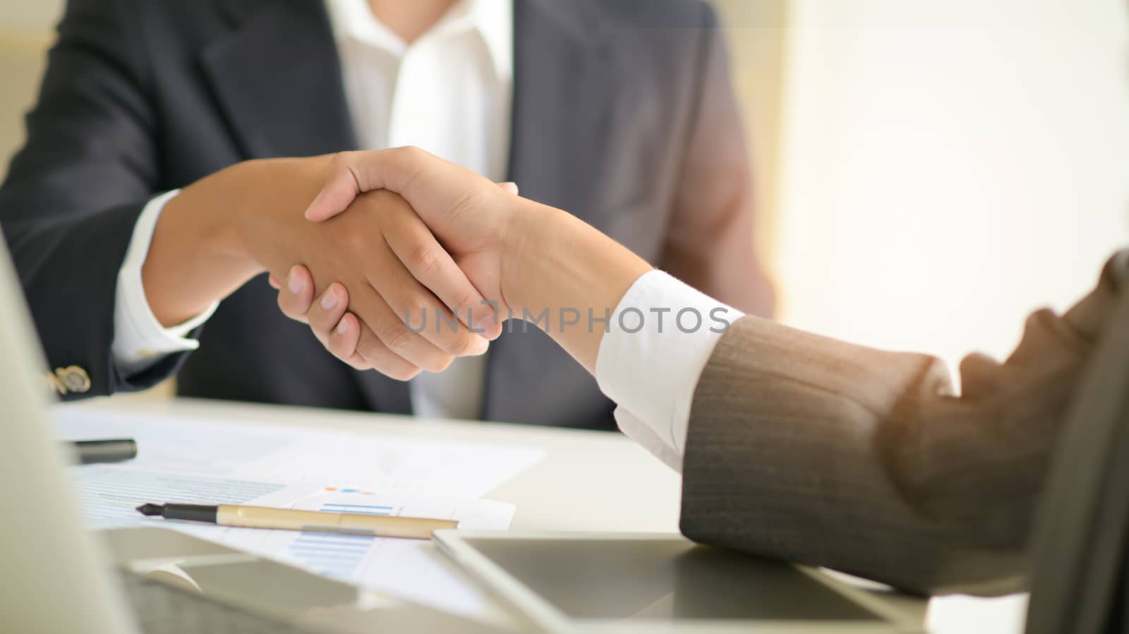 Close-up of the handshake to join a new project for business.
