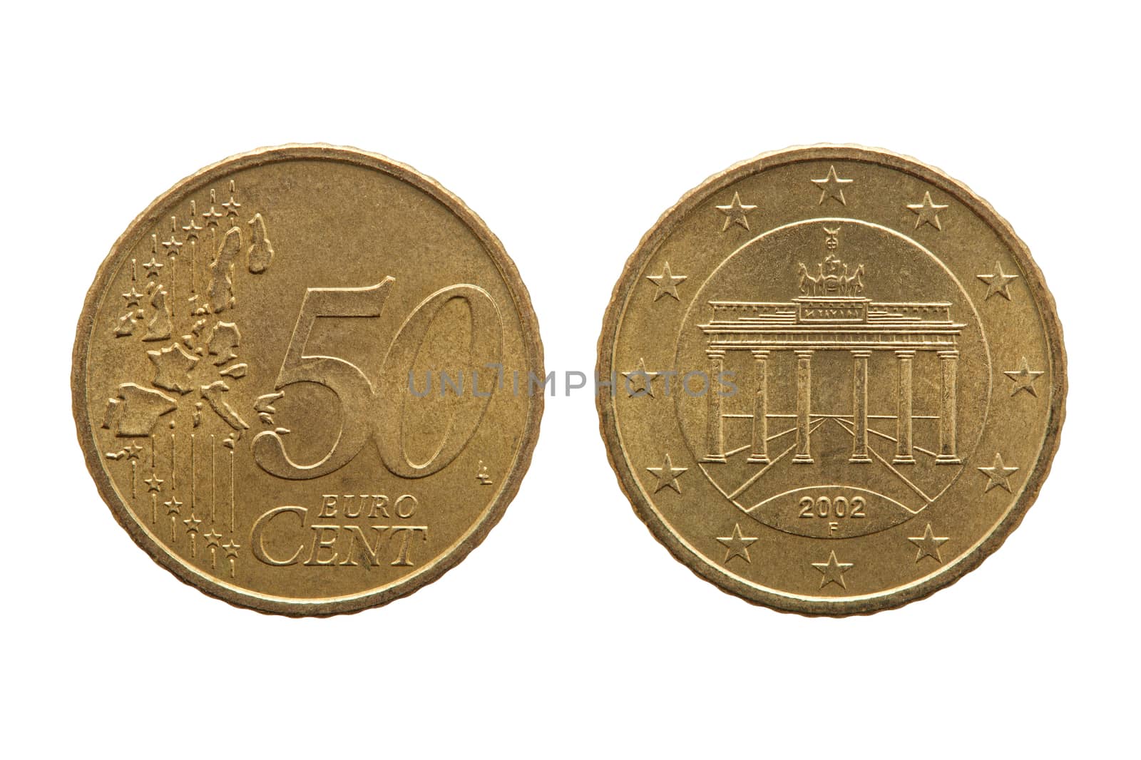 Fifty cent euro coin of Germany dated 2002 showing the Brandenburg Gate on the reverse cut out and isolated on a white background
