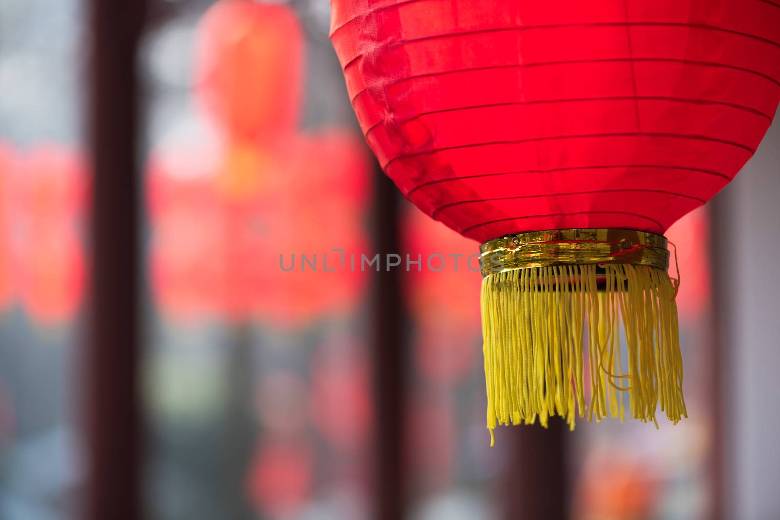 Red chinese lanterns in Baihuatan public park Chengdu China for the Chinese new year celebrations.