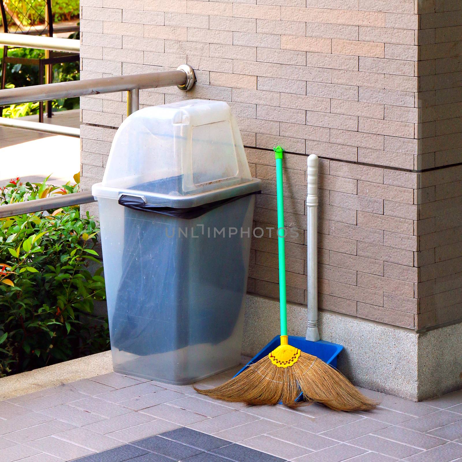 cleaning equipment, broom and bin trash for waste cleaning by cgdeaw