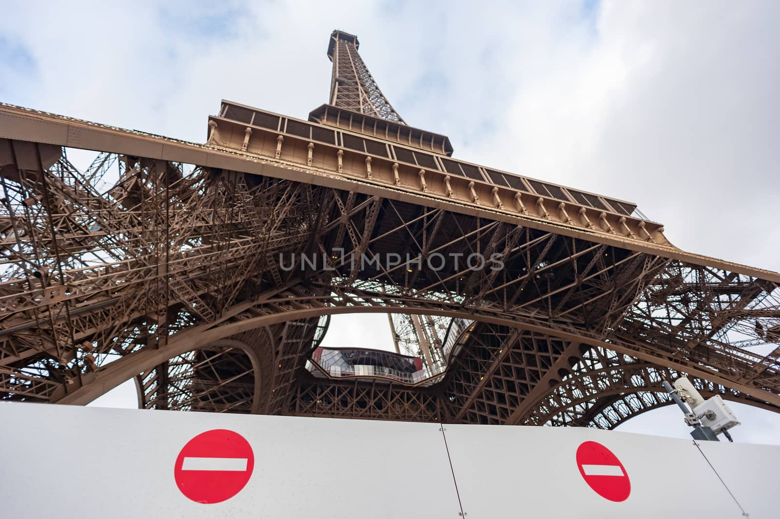 No Entry sign  in front of the Eiffel Tower, Paris, France