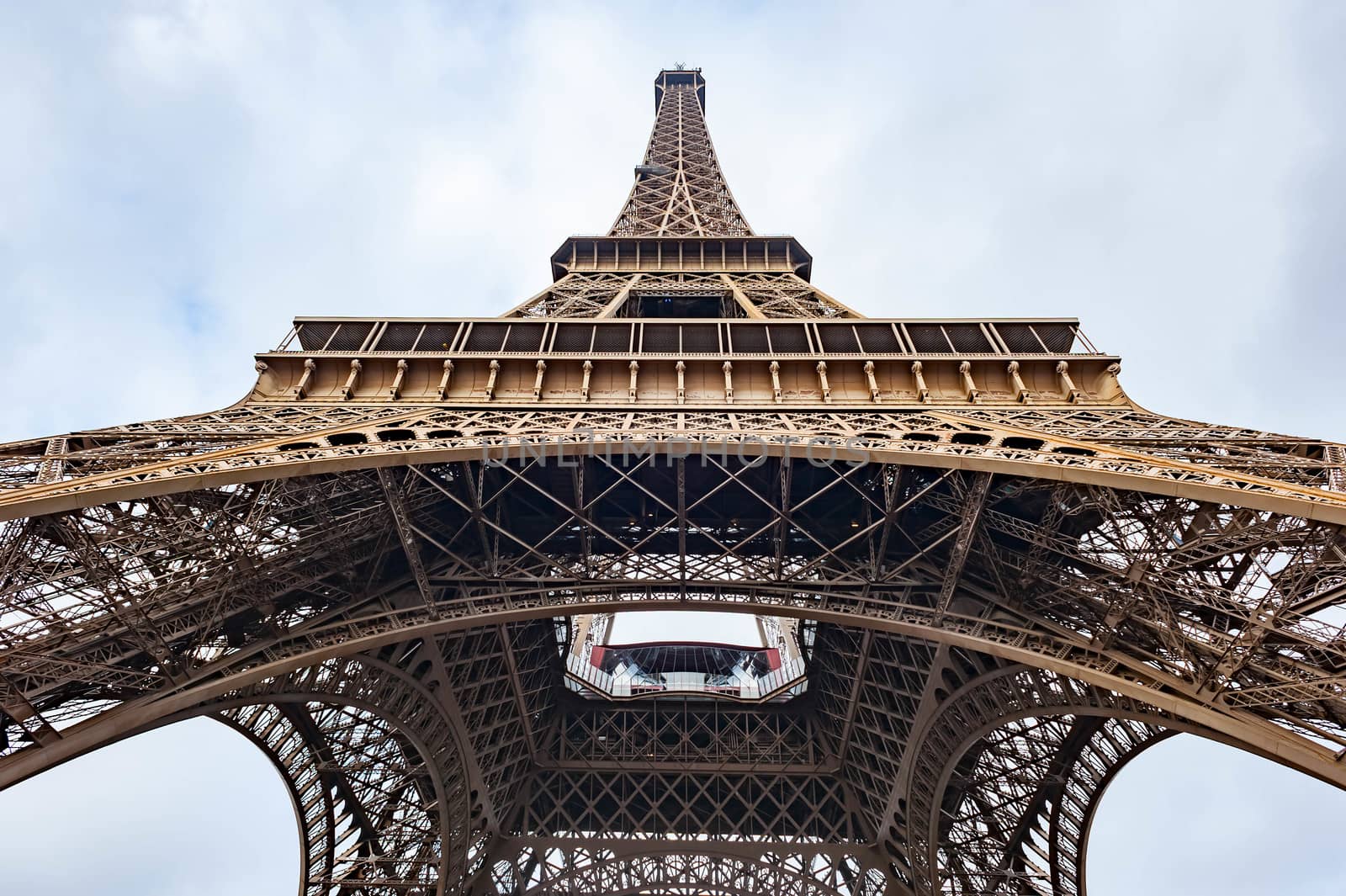 Eiffel tower low wide angle view in Paris, France