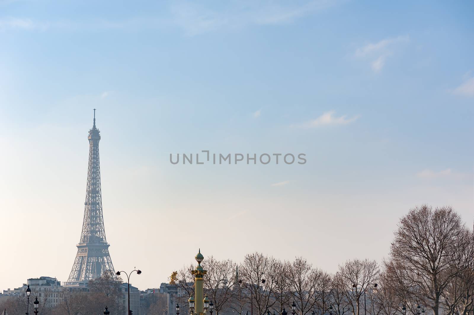 Eiffel tower against blue sky in winter wit naked trees in the foreground, Paris, France