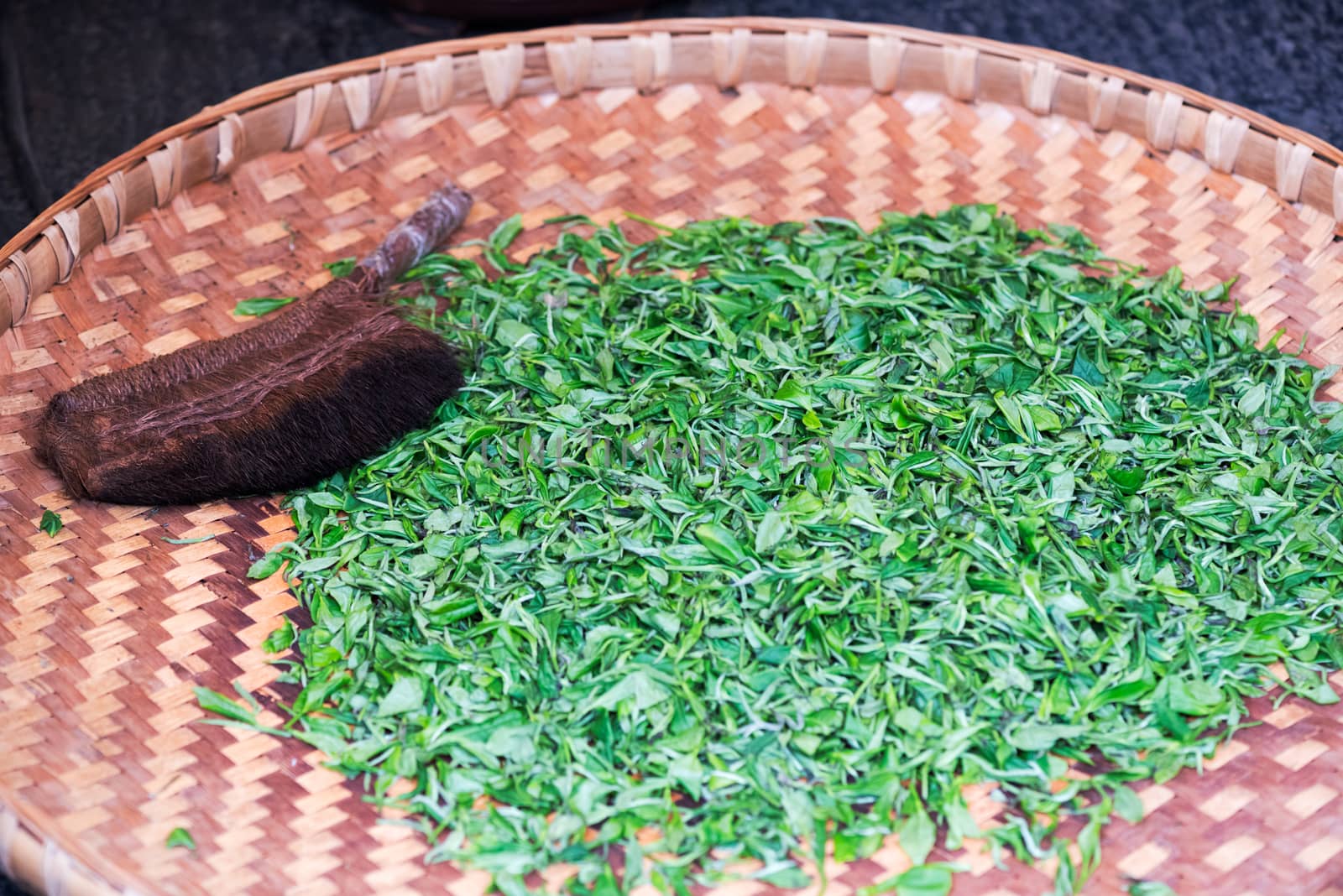 Tea leaves drying in a basket - Chengdu, China