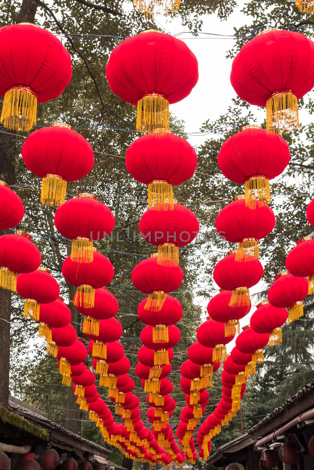 Rows of red chinese lanterns hanging in a street by LP2Studio