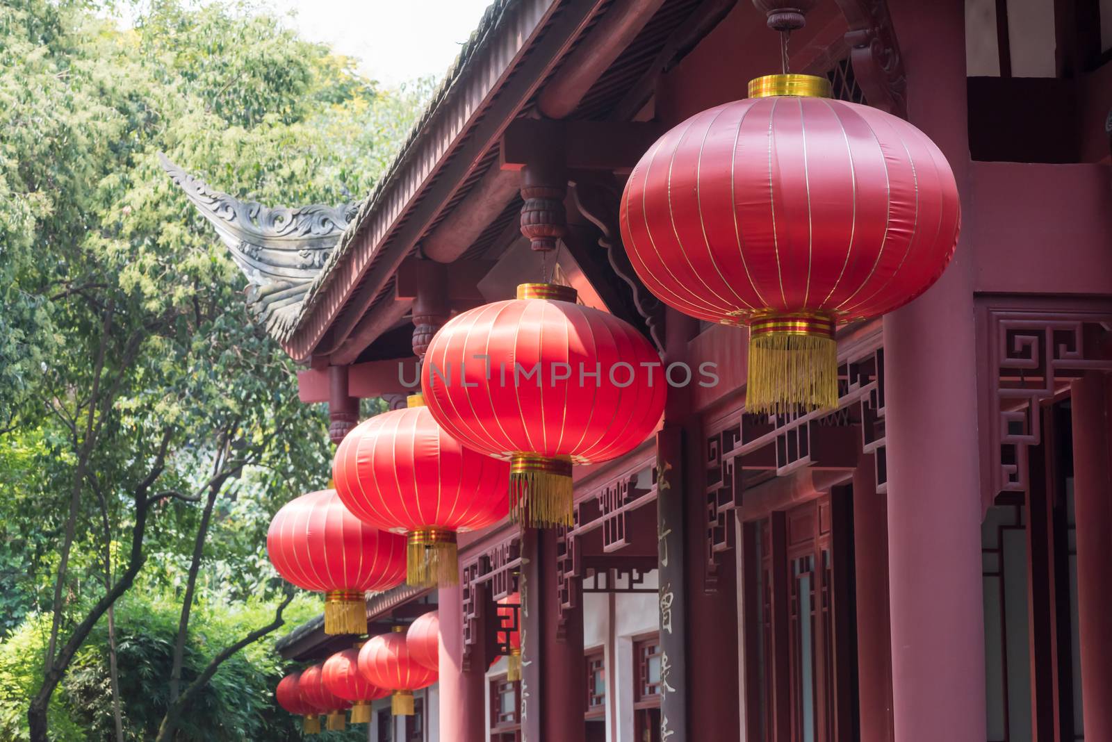 Chinese red lanterns hanging on a temple in Chengdu, China