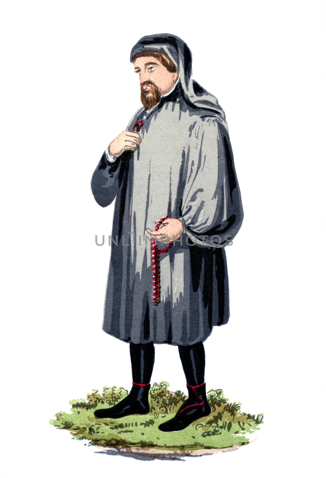 An engraved vintage colour illustration portrait drawing of Geoffrey Chaucer the famous English poet and author of  The Canterbury Tales, from a Victorian book dated 1847 that is no longer in copyright