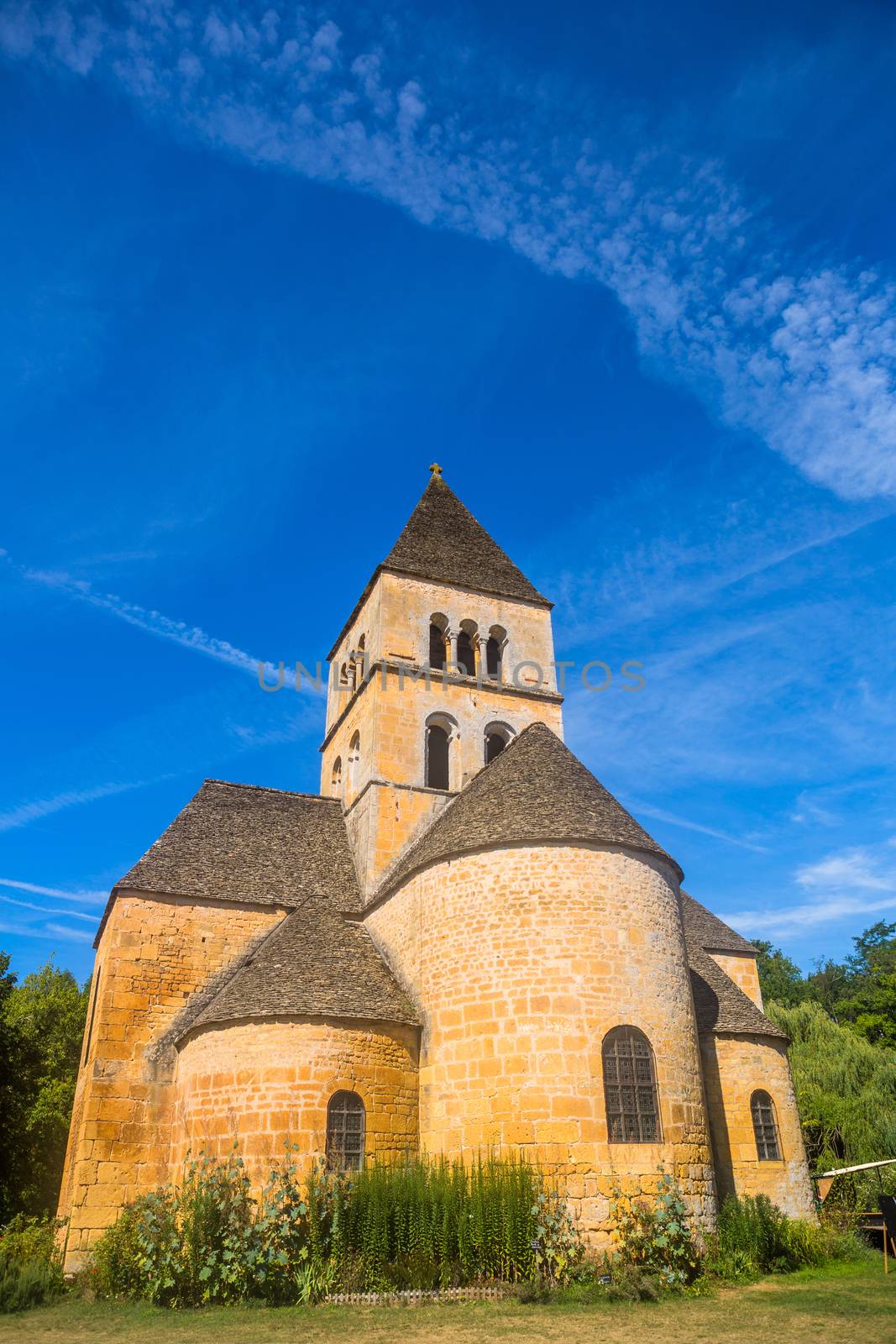 The Romanesque church, classified as a historical monument, in Saint-Leon-sur-Vezere, Dordogne, France