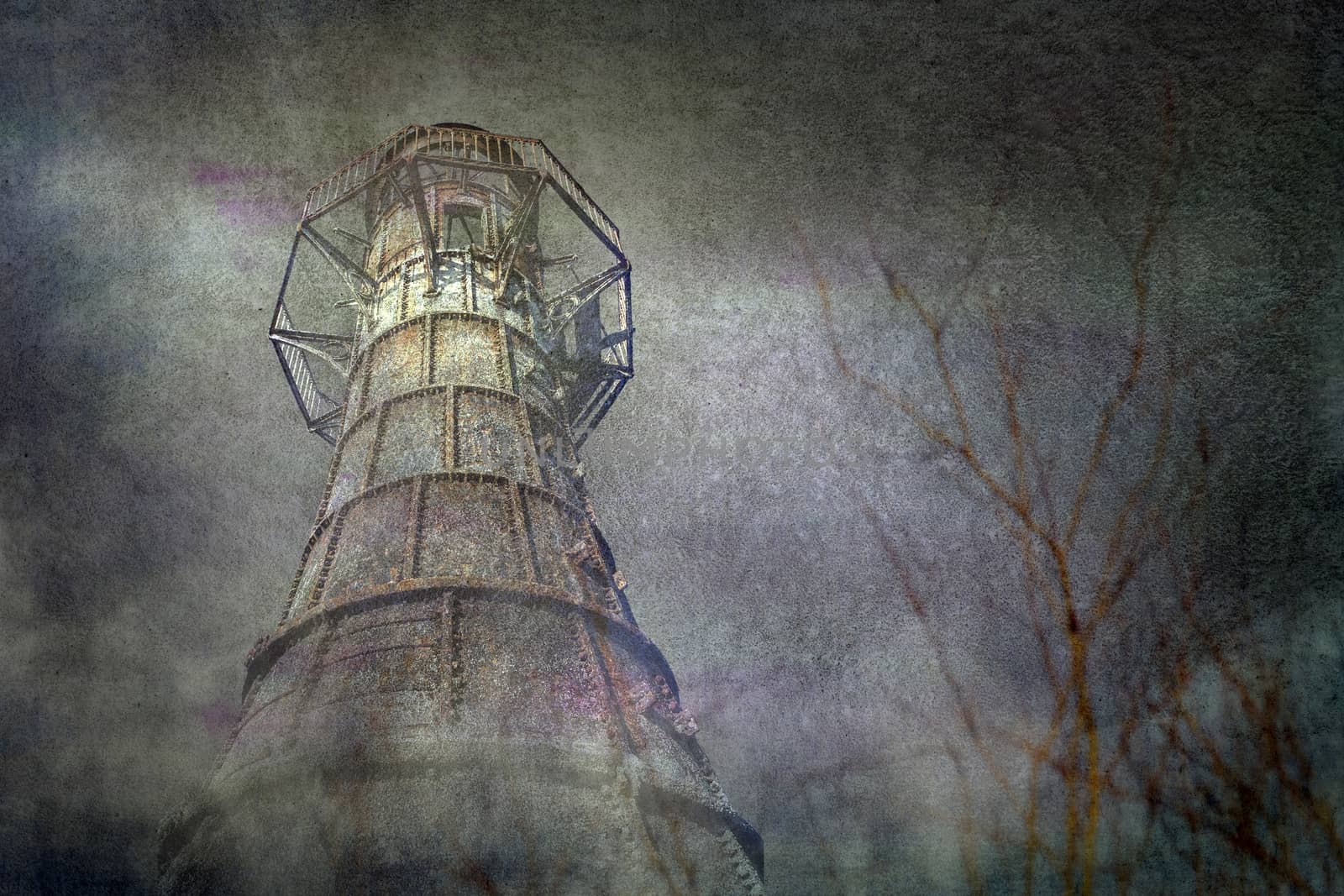 Whitford Lighthouse a cast iron Victorian ruin on the north coast of the Gower Peninsular Wales UK with a moody grungy textured background