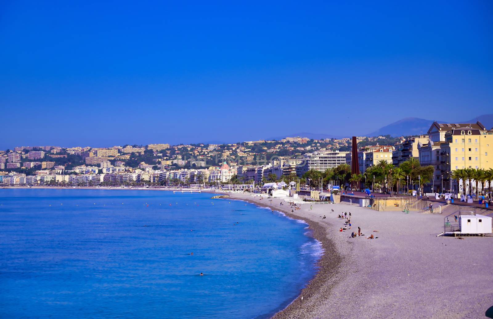 The Promenade des Anglais on the Mediterranean Sea at Nice, France along the French Riviera.