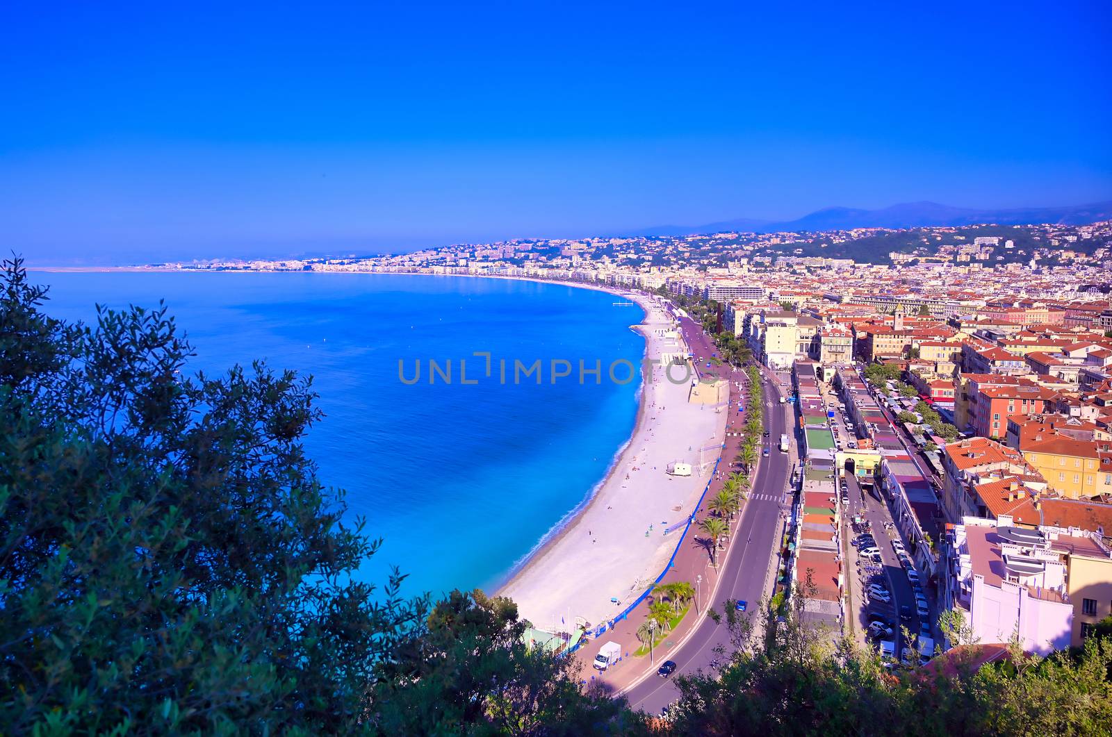 The Promenade des Anglais on the Mediterranean Sea at Nice, France along the French Riviera.