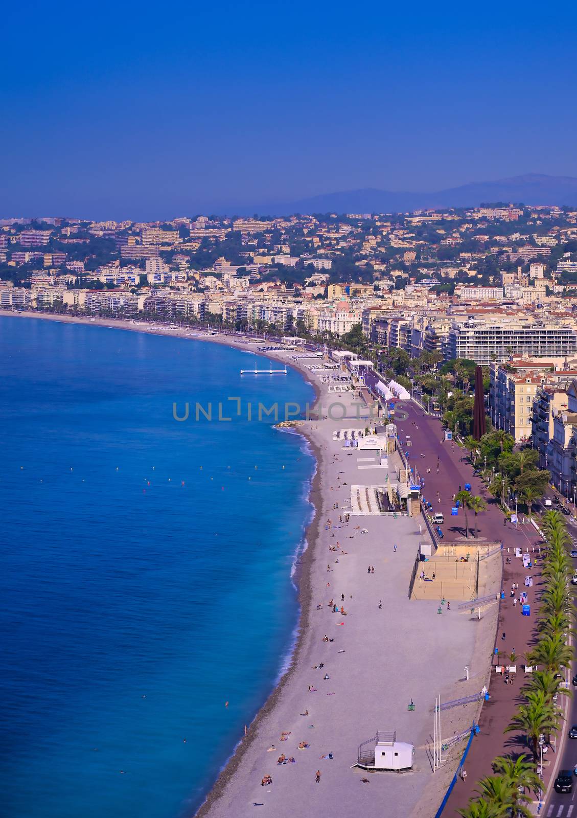 The Promenade des Anglais on the Mediterranean Sea at Nice, France along the French Riviera.