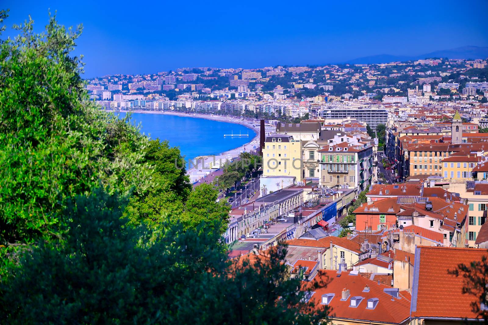 The Promenade des Anglais on the Mediterranean Sea at Nice, France along the French Riviera.