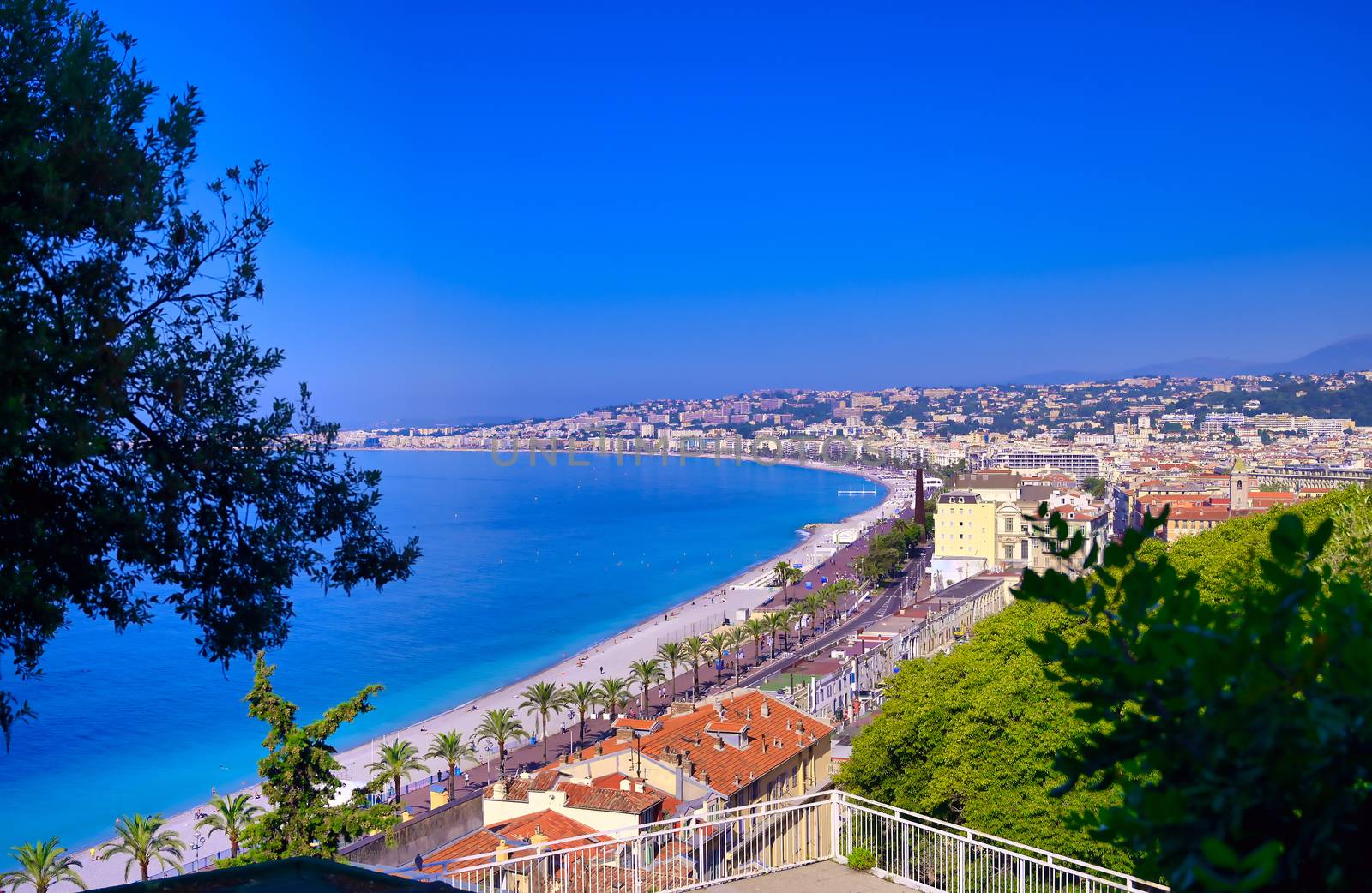 The Promenade des Anglais on the Mediterranean Sea at Nice, France along the French Riviera.