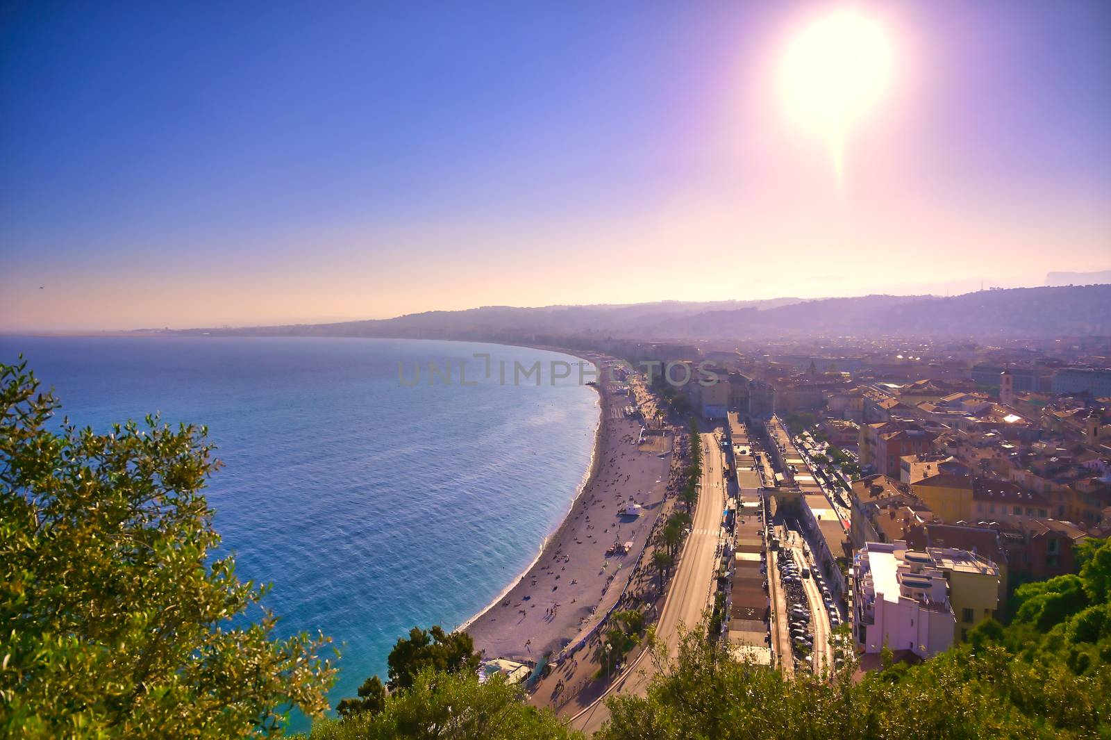 The Promenade des Anglais on the Mediterranean Sea at Nice, France along the French Riviera.