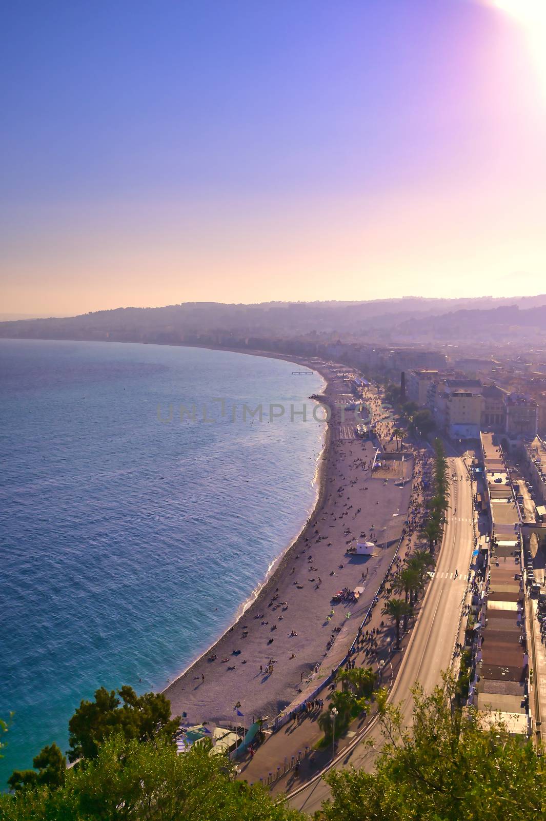 The Promenade des Anglais on the Mediterranean Sea at Nice, France along the French Riviera.