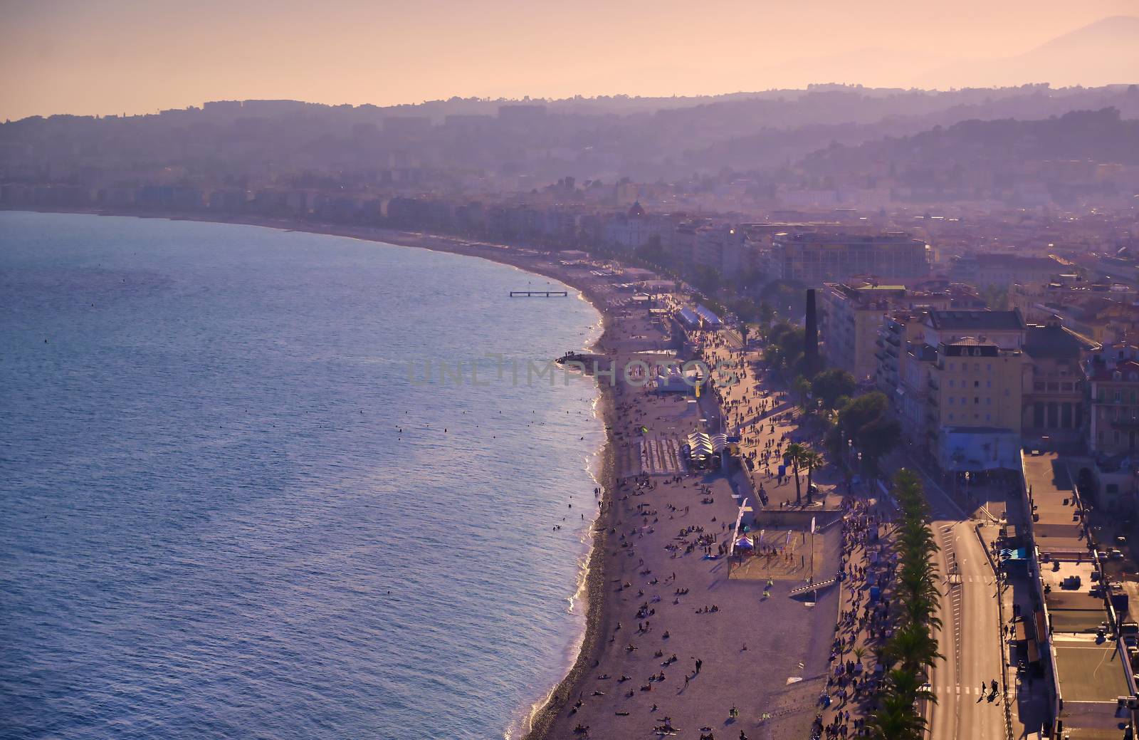 The Promenade des Anglais on the Mediterranean Sea at Nice, France along the French Riviera.