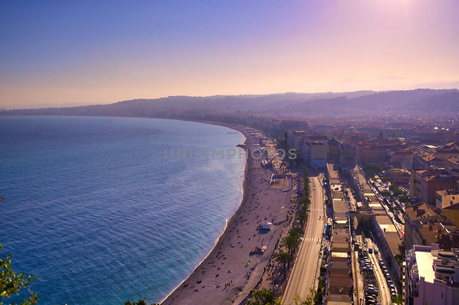 The Promenade des Anglais on the Mediterranean Sea at Nice, France along the French Riviera.