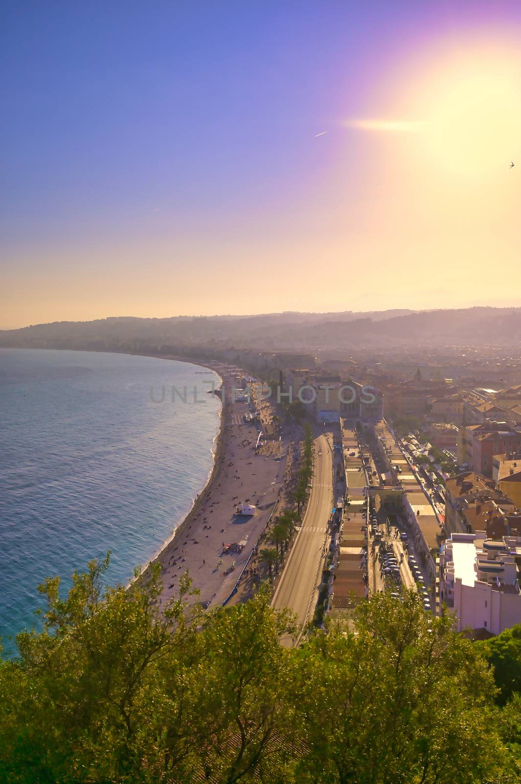 The Promenade des Anglais on the Mediterranean Sea at Nice, France along the French Riviera.