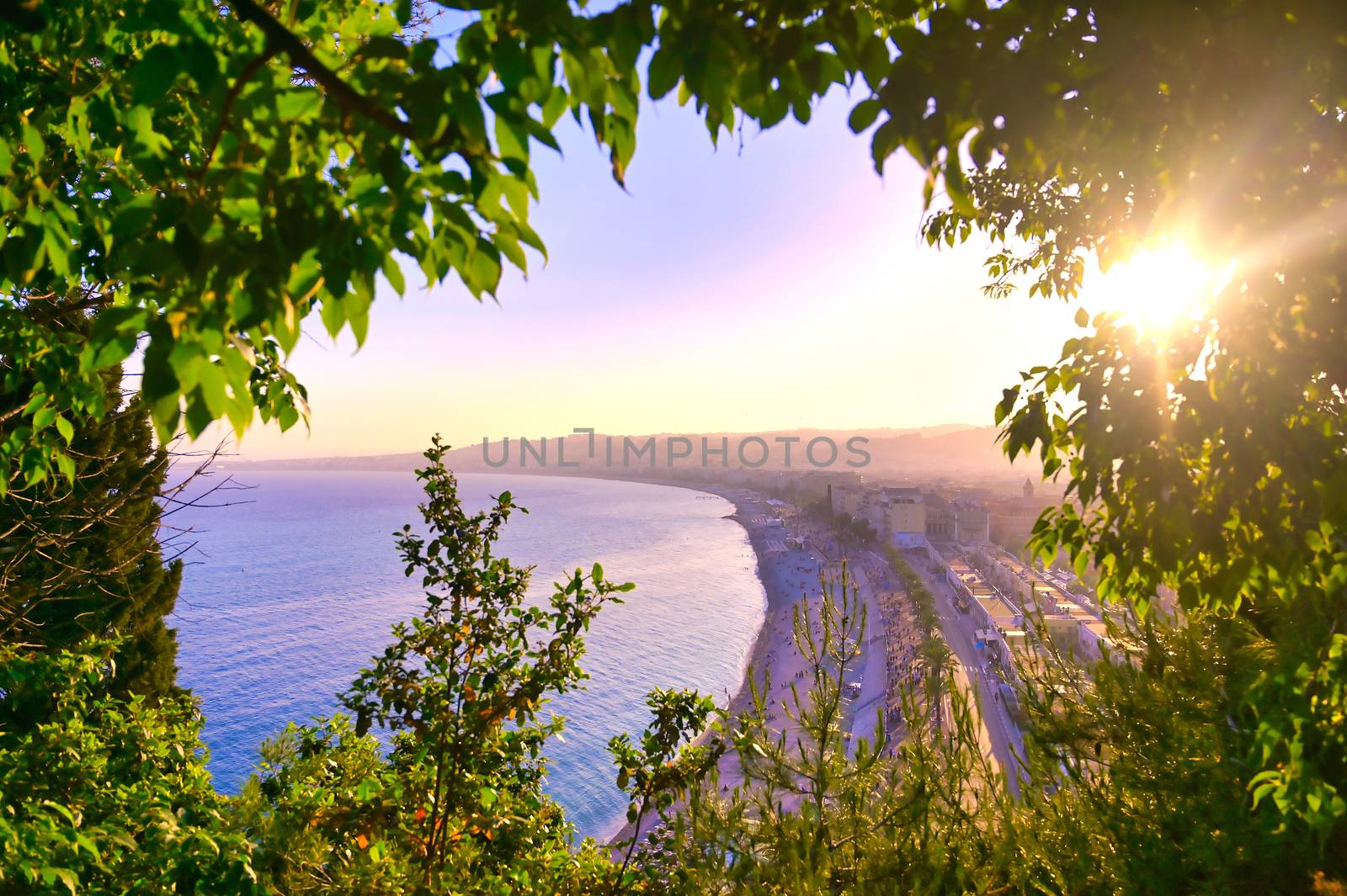 The Promenade des Anglais on the Mediterranean Sea at Nice, France along the French Riviera.