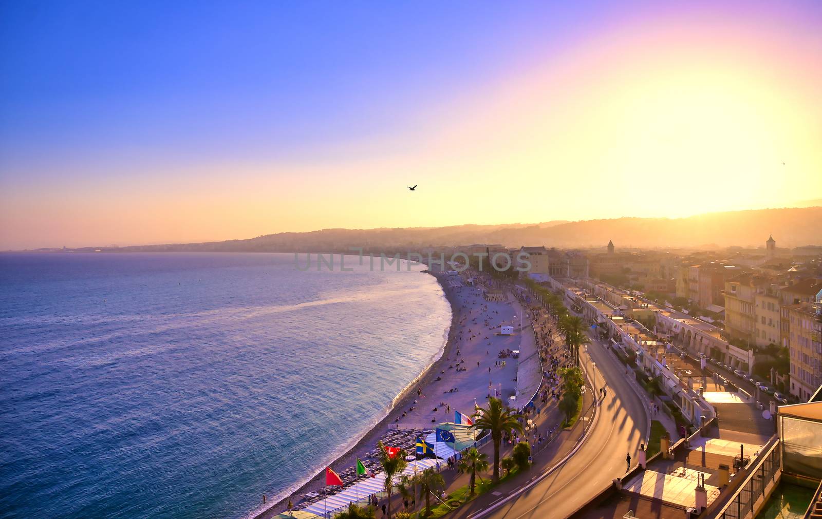 The Promenade des Anglais on the Mediterranean Sea at Nice, France along the French Riviera.