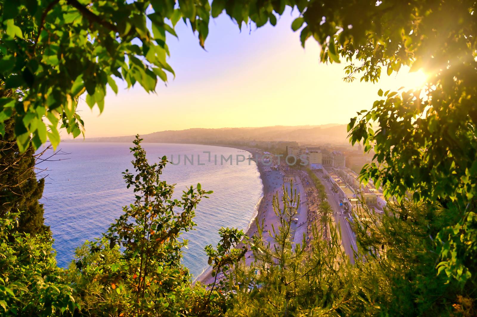 The Promenade des Anglais on the Mediterranean Sea at Nice, France along the French Riviera.