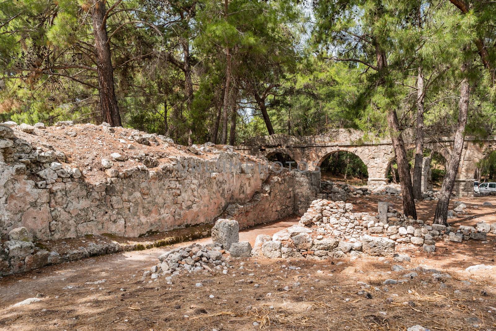 Panorama view of ancient cemetery. Ruins of Phaselis city in North harbour. Famous architectural landmark. Turkey.