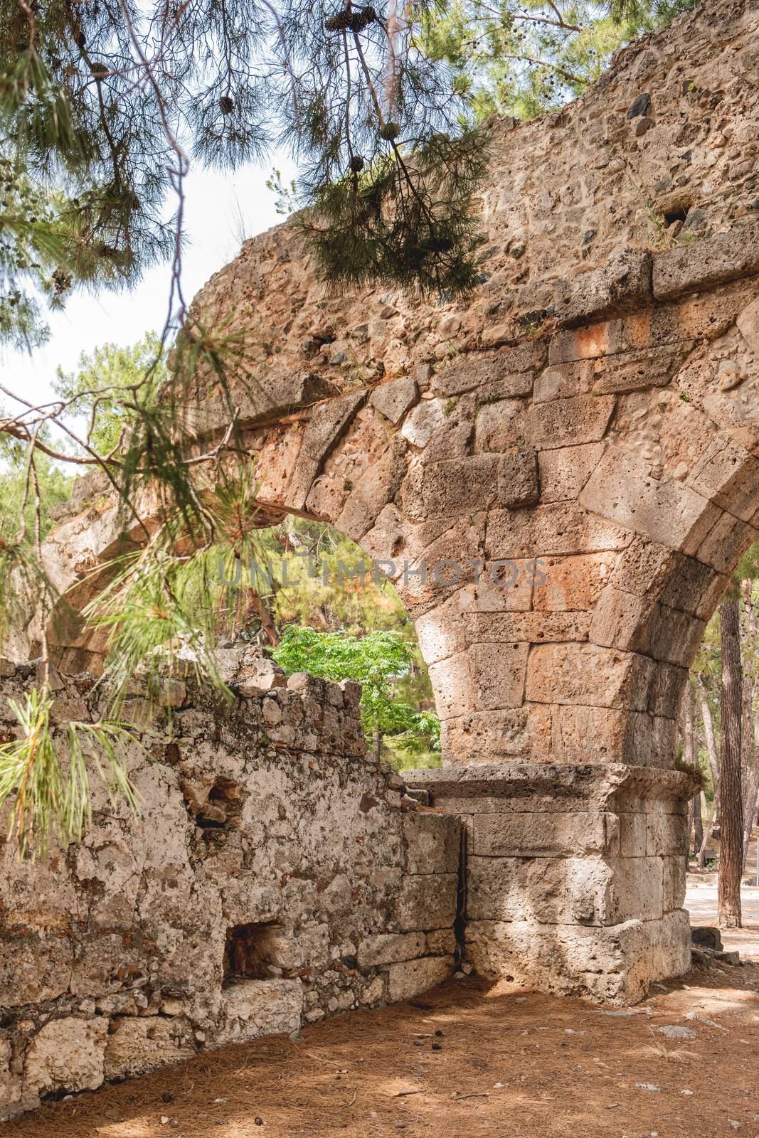 Panorama view of ancient cemetery. Ruins of Phaselis city in North harbour. Famous architectural landmark. Turkey.