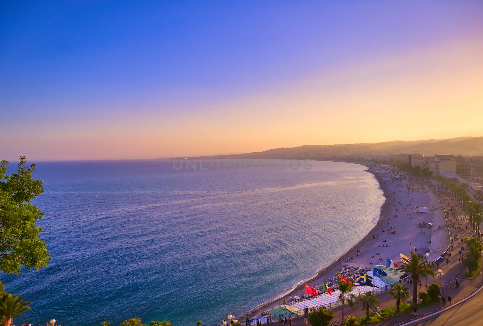 The Promenade des Anglais on the Mediterranean Sea at Nice, France along the French Riviera.