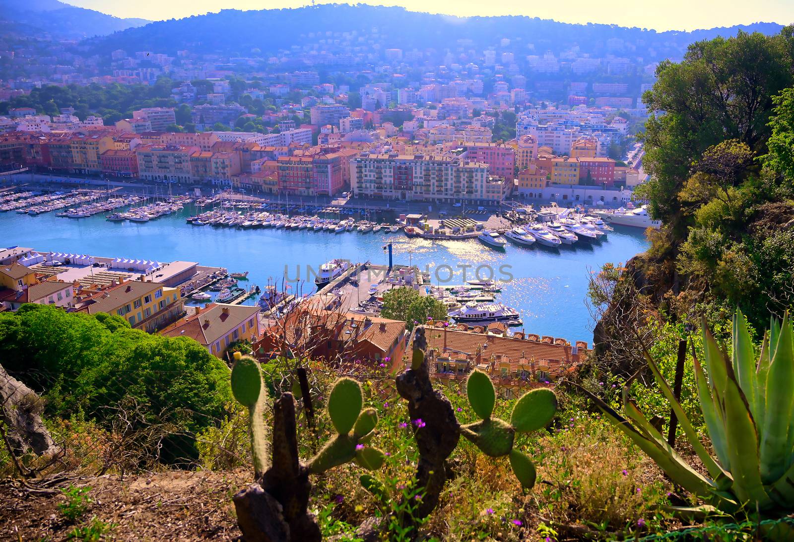 An aerial view of the Port of Nice on the Mediterranean Sea at Nice, France along the French Riviera.