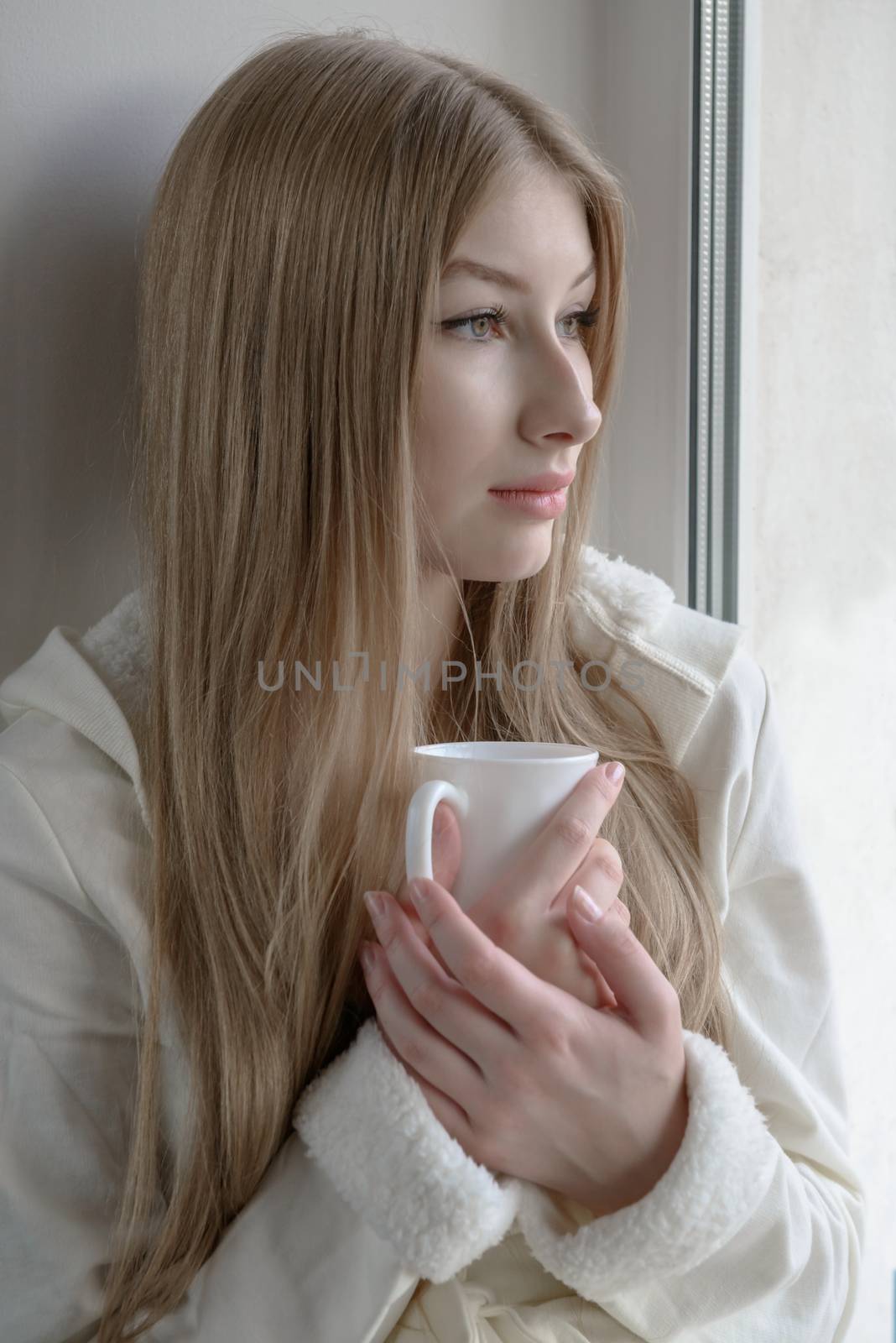 Lovely girl sitting with a hot mug near the window by nemo269