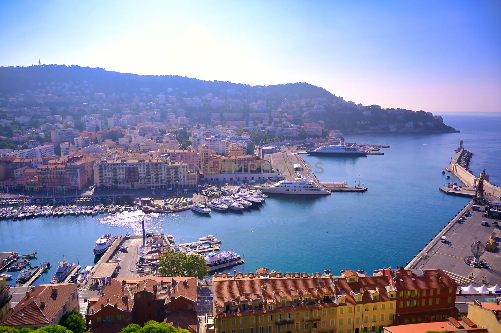 An aerial view of the Port of Nice on the Mediterranean Sea at Nice, France along the French Riviera.