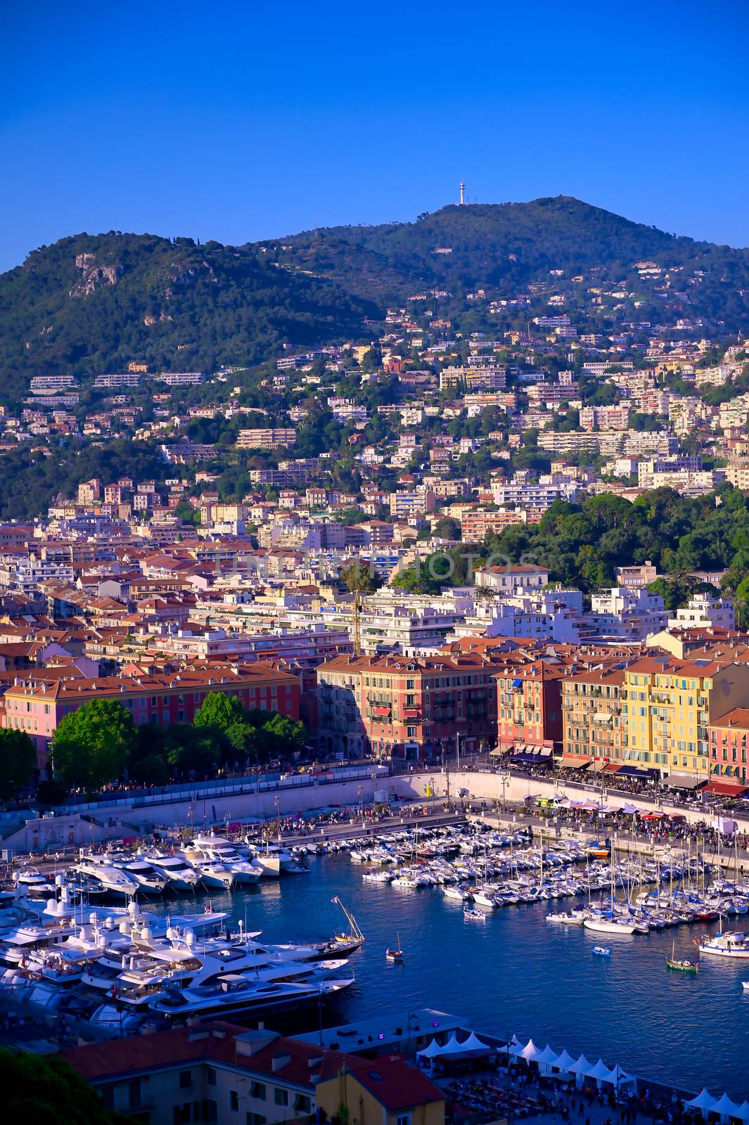 An aerial view of the Port of Nice on the Mediterranean Sea at Nice, France along the French Riviera.