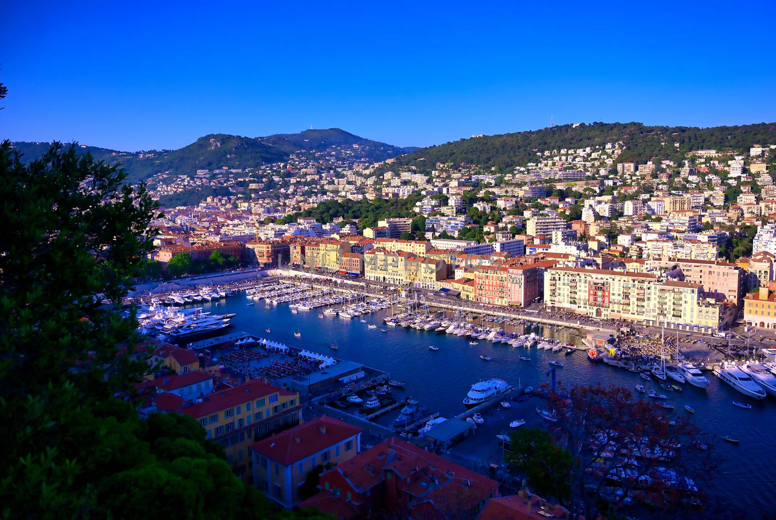 An aerial view of the Port of Nice on the Mediterranean Sea at Nice, France along the French Riviera.