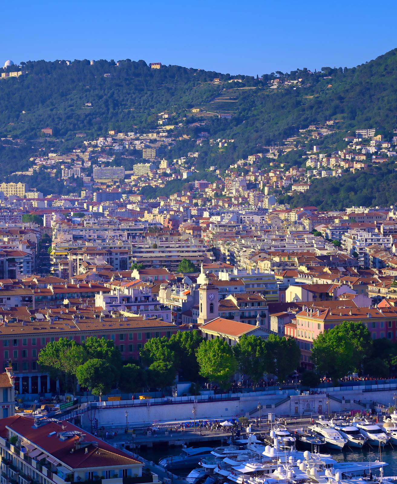 An aerial view of the Port of Nice on the Mediterranean Sea at Nice, France along the French Riviera.