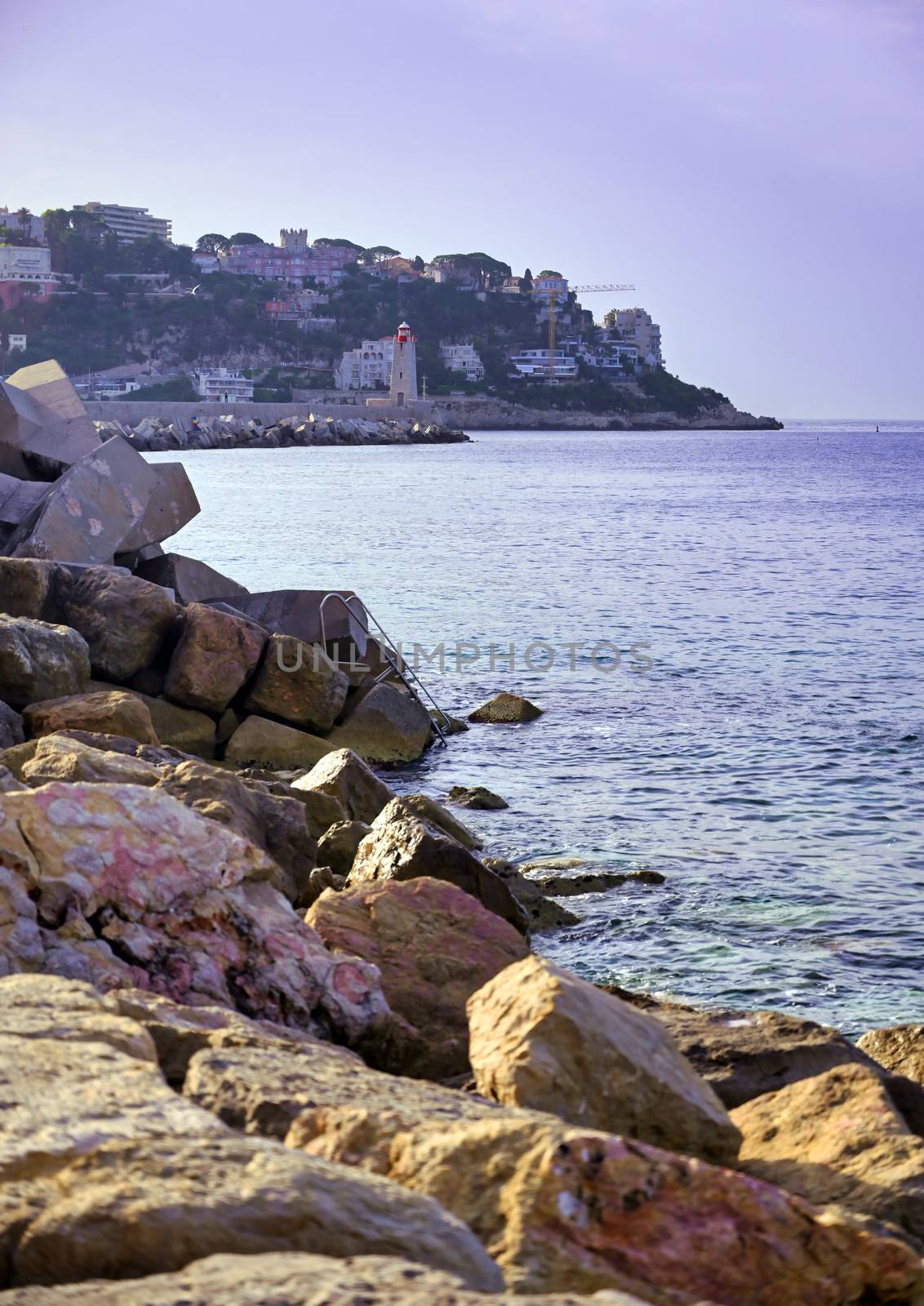 The coastline on the Mediterranean Sea at Nice, France along the French Riviera.