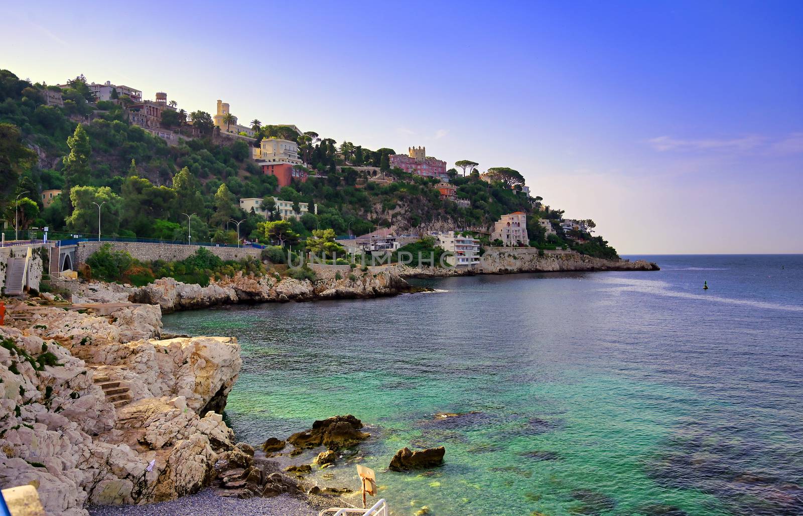 The coastline on the Mediterranean Sea at Nice, France along the French Riviera.