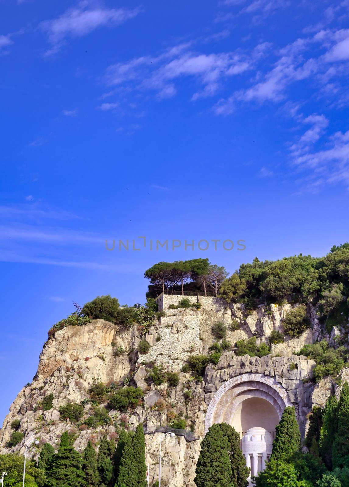 The coastline on the Mediterranean Sea at Nice, France along the French Riviera.