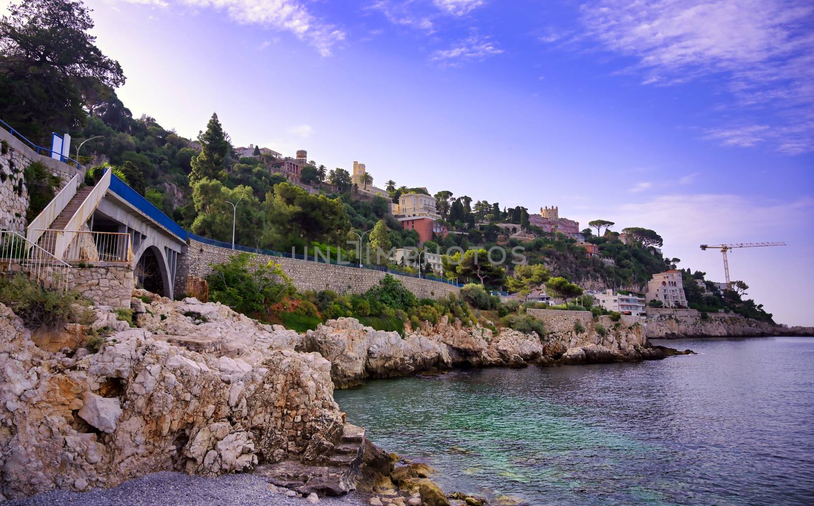 The coastline on the Mediterranean Sea at Nice, France along the French Riviera.